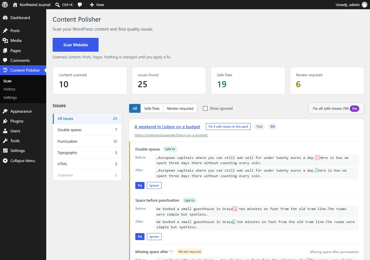 Content Polisher scan results in the WordPress dashboard, with Before / After previews of each fix