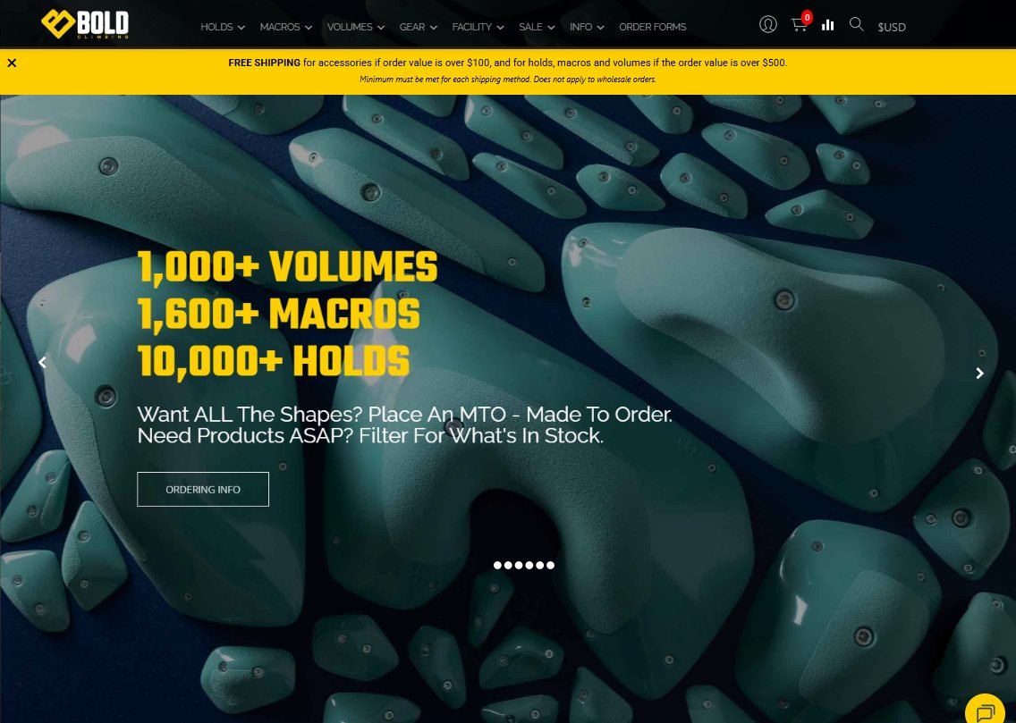 Homepage of the Bold Climbing website